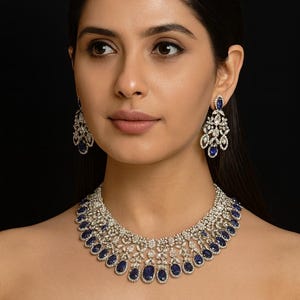 Blue Heart Pendent  Layer American Diamond Necklace Set/ Indian Bollywood CZ Jewelry/ Reception Jewelry