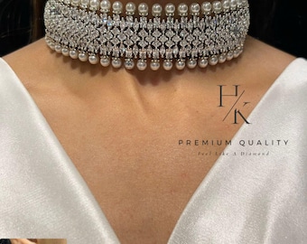 CZ Diamond Choker Necklace Set: Bridal Wedding Jewelry