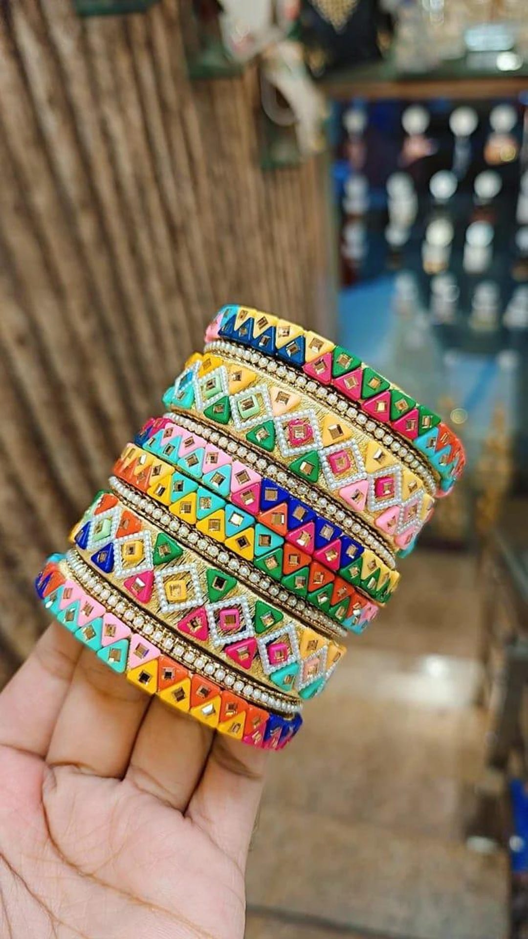 Triangular Bow Bangle Designer Multi-color Geometric Bangle Set – Gold-plated Statement Chuda ...