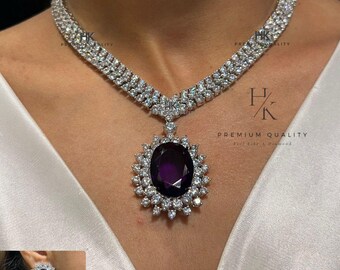 Silver-Plated American Diamond Triple-Row Necklace with Oversized Oval Emerald Drop, Earrings & Ring