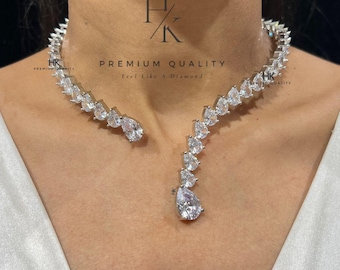 Teardrop Silhouette Choker – Premium Silver -Plated American Diamond Open-Front Necklace