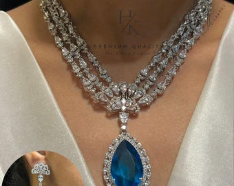 Silver Indigo double layer American Diamond Necklace Set / CZ Necklace/Indian Jewelry/ double layer/3 layered AD necklace