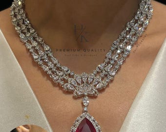Silver Pink layer American Diamond Necklace Set / CZ Necklace/Indian Jewelry/ double layer/3 layered AD necklace