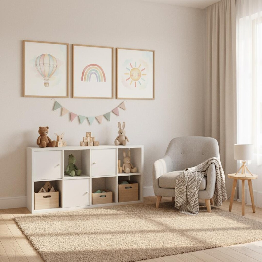 Sunshine Nursery Print Set – Pastel Rainbow, Sun, Balloon (digital ...