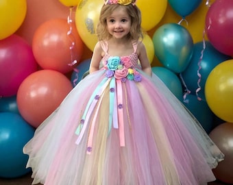 Pastellfärgad enhörnings-tyllklänning för flickor | Virkad balklänning med blommor