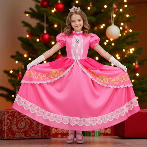 pink princess christmas dresses Girls Princess Peach Cosplay Dress | Kids Lace Ball Gown Costume |  Halloween Party Birthday