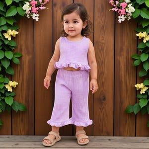 Summer Kids Cotton 2Pcs Set – Toddler Girls Solid Sleeveless Top + Ruffle Pants Outfit