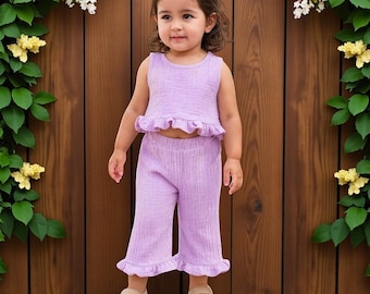 Summer Kids Cotton 2Pcs Set – Toddler Girls Solid Sleeveless Top + Ruffle Pants Outfit