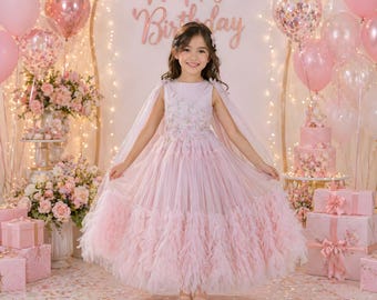 Custom Handmade Beige Princess Flower Girl Dress with Cape – Elegant Birthday Pageant Gown