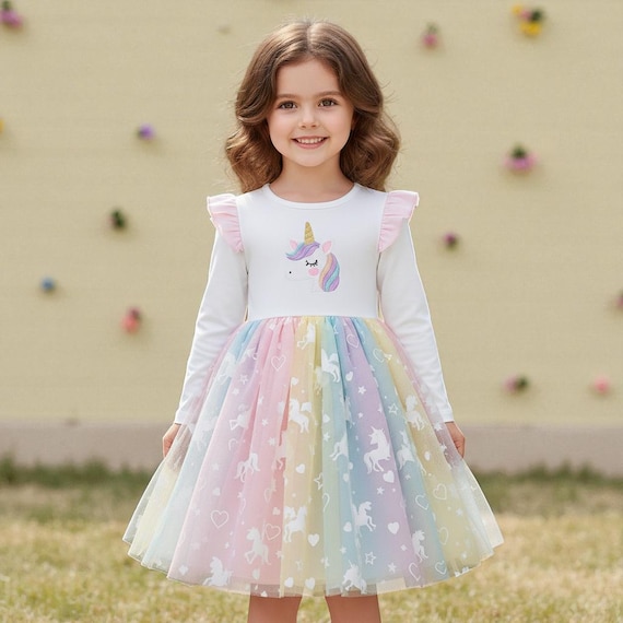 fitted lace wedding dress Girls' Unicorn Wish 3/4 Sleeve Pocket Twirl Dress Size: 9/10 by Mila & Rose