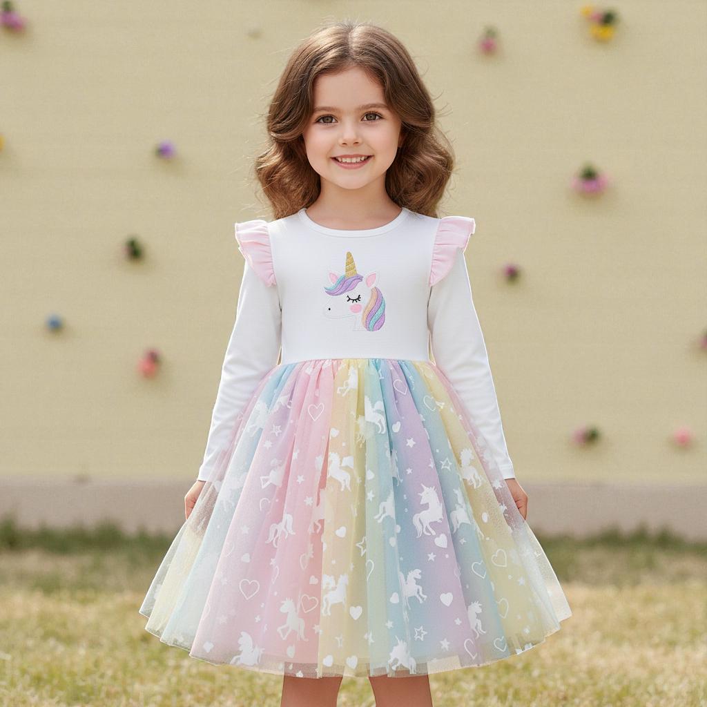 unicorn dress long sleeve Girls Unicorn Princess Dress | Long Sleeve Rainbow Gown | Kids Autumn  Birthday Party Outfit