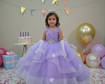 Customized Lavender Girl Dress | Tulle Floral Applique Princess Gown | Wedding Outfit