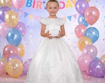 Vestido de gala de niña de las flores con perlas blancas – Vestido de princesa personalizado para bodas y cumpleaños