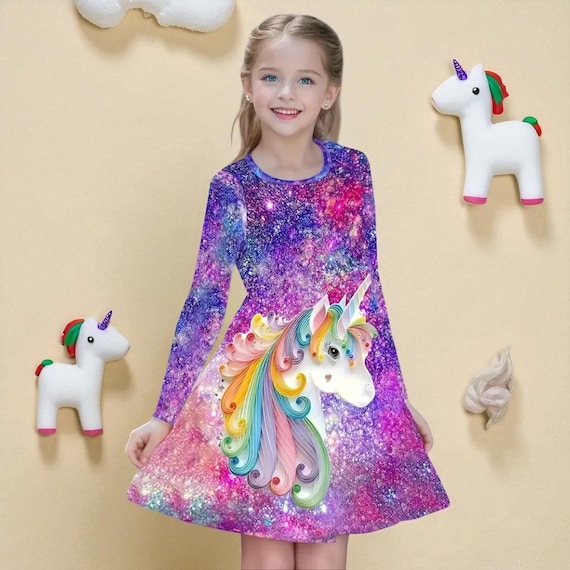 Girls Star Unicorn 3D Dress Long Sleeve Casual Outfit Comfortable Everyday