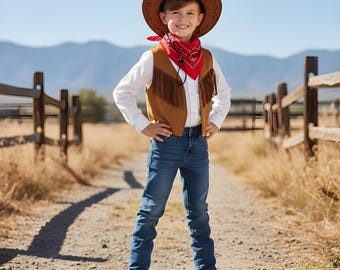 Boys Cowboy Costume Set, Vest Scarf Hat, Western Role Play Outfit