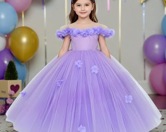 Customized Lavender Girl Dress | 3D Flower Tulle Feather Princess Gown | Short Sleeve Birthday Outfit