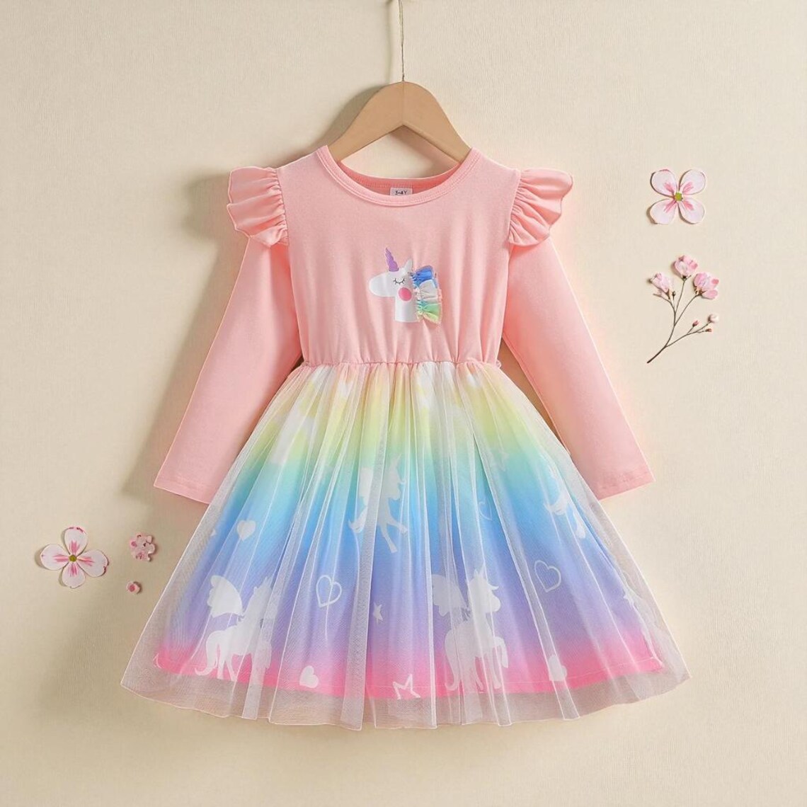 Girls Unicorn Princess Dress Long Sleeve Rainbow Gown Kids Autumn