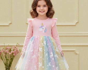 Flickklänning för enhörningsprinsessor | Långärmad regnbågsklänning | Barnens höstfestoutfit