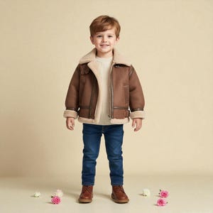 May include: A child wearing a brown aviator jacket with a cream-colored shearling collar and cuffs. The jacket is paired with a cream-colored sweater, blue jeans, and brown boots. The background is a solid beige color.