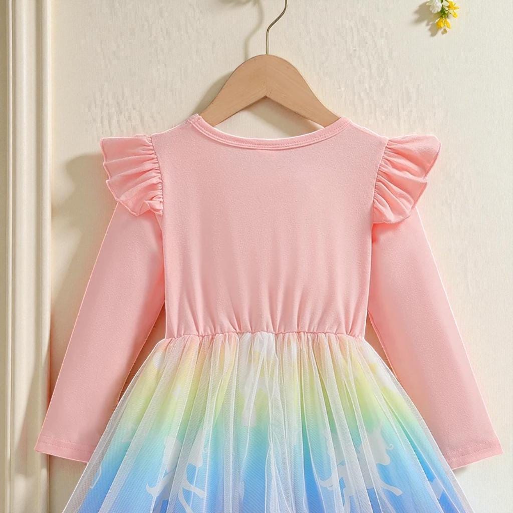 Girls Unicorn Princess Dress Long Sleeve Rainbow Gown Kids Autumn