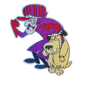 May include: Embroidered patch featuring a cartoon image of a purple villain with a red nose and gloves, and a yellow dog. The villain wears a striped hat and a purple coat. The dog has a toothy grin. The patch has a white border.