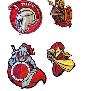 May include: Four embroidered patches featuring a Spartan warrior theme. The patches showcase detailed designs of Spartan helmets, warriors with spears and shields, and a warrior with a sword. The color palette includes red, gold, silver, and tan.