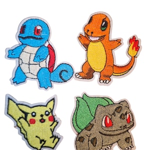 May include: Four embroidered patches featuring cartoon characters. Includes a blue turtle-like creature, an orange lizard with a flame tail, a yellow mouse, and a green and brown plant-like creature.