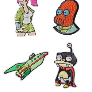 May include: Set of four embroidered patches featuring characters and a spaceship from a science fiction animated series. Includes a woman with pink hair, an orange alien, a green spaceship, and a black creature with a cape.