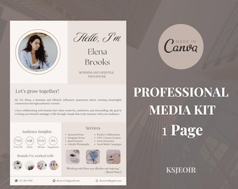1-Page Influencer Media Kit Template | Editable Canva Press Kit + Rate Sheet | Instant Download Brand Pitch Sheet
