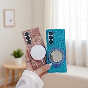 Z Fold 7 Bling Mirror Case | Magnetic Stand Cover for Samsung Z Fold 7 6 5 4 3 | Diamond Glitter Shell with Holder Bracket