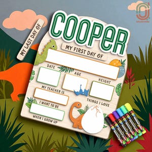 Dinosaur First and Last Day of School Sign for Boys, Custom Name Photo Prop Board, Reusable Back to School Sign, Preschool to Grade Gift