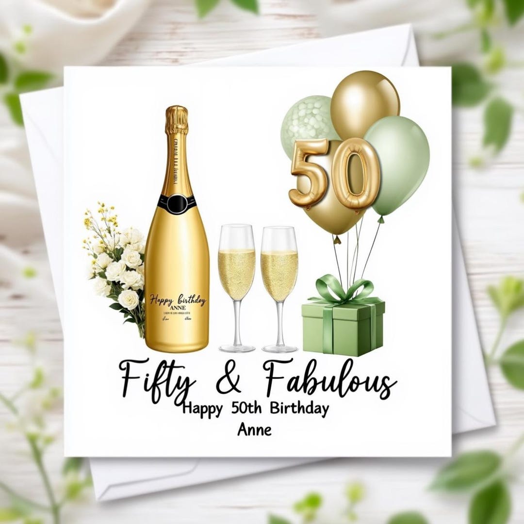 50th Birthday Card: Champagne & Balloons - Personalised Greetings Card ...