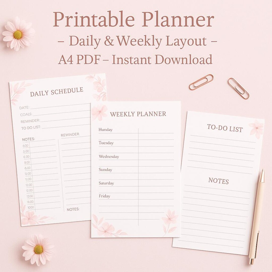 Printable Daily & Weekly Planner – Pink Floral Digital PDF – A4 ...