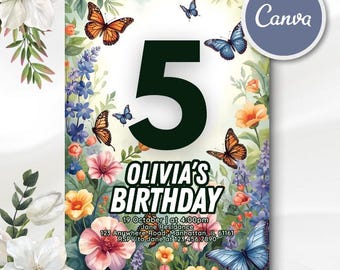 Invitación de cumpleaños con mariposas florales - Plantilla editable para fiesta de mariposas para niña