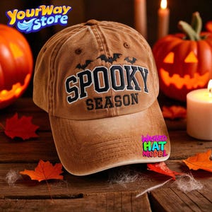 Spooky Season Embroidered Hat – Cute Halloween Baseball Cap, Fall Aesthetic Hat for Women, Vintage Washed Gift Hat