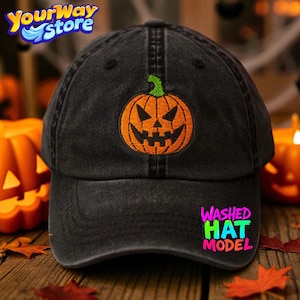 Ghost & Pumpkin Embroidered Hat – Halloween Baseball Cap, Spooky Season Gift, Vintage Washed Dad Hat for Fall Outdoors