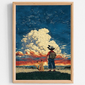 May include: Framed art print featuring a boy and a Pikachu character standing on a grassy hill, gazing at a vibrant sunset and a large cloud. The sky transitions from deep blue to fiery orange and red.