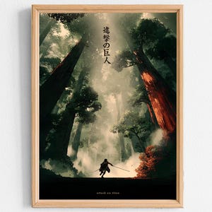 Puede incluir: Impresión artística enmarcada que representa una escena de bosque dramática con árboles altos y una figura con espadas. La obra de arte tiene una calidad oscura y atmosférica con texto japonés en la parte superior y "attack on titan" en la parte inferior.