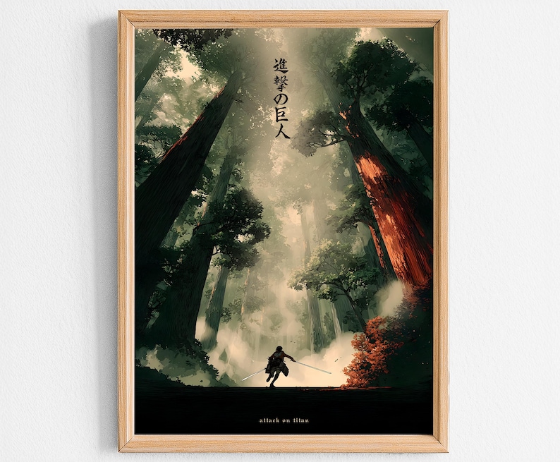 May include: A framed art print featuring a dramatic forest scene with tall trees and a figure wielding swords. The artwork has a dark, atmospheric quality with Japanese text at the top and the words "attack on titan" at the bottom.