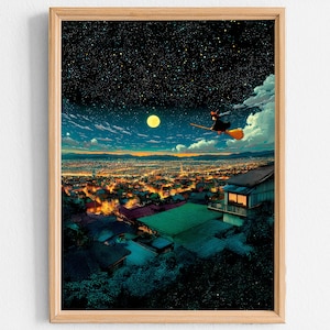 May include: A framed art print depicts a night scene with a witch flying on a broom over a city. The artwork features a starry sky, a full moon, and city lights. The witch is silhouetted against the moon, with a vibrant orange broom.