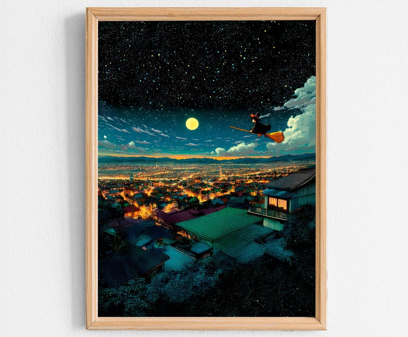 May include: A framed art print depicts a night scene with a witch flying on a broom over a city. The artwork features a starry sky, a full moon, and city lights. The witch is silhouetted against the moon, with a vibrant orange broom.