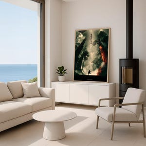 May include: A framed poster featuring a dramatic forest scene with a figure holding a sword. The artwork has a dark, moody color palette with Japanese text at the top. The poster is displayed in a modern living room with a sofa, chair, and coffee table.