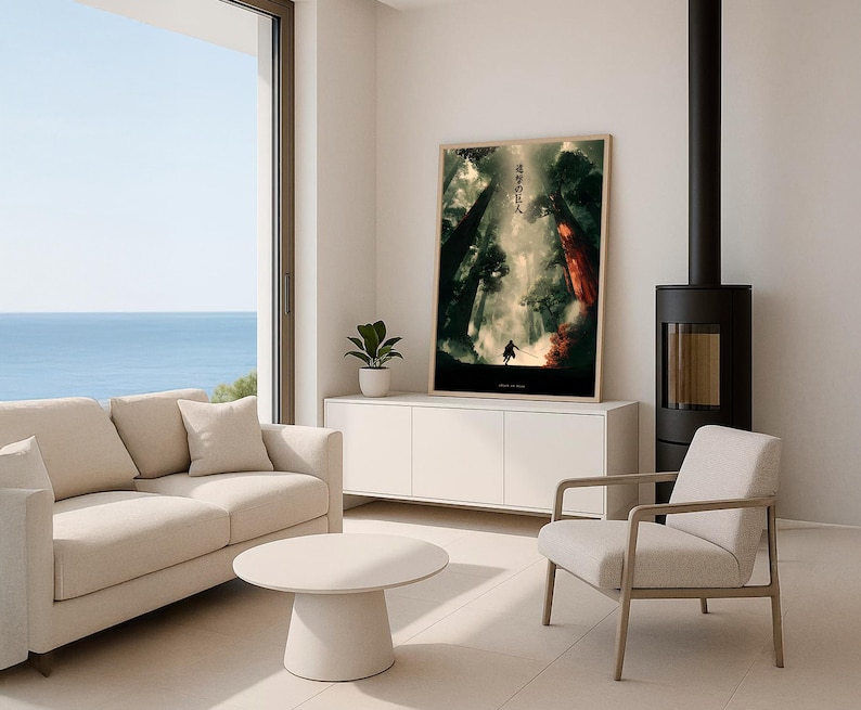 May include: A framed poster featuring a dramatic forest scene with a figure holding a sword. The artwork has a dark, moody color palette with Japanese text at the top. The poster is displayed in a modern living room with a sofa, chair, and coffee table.
