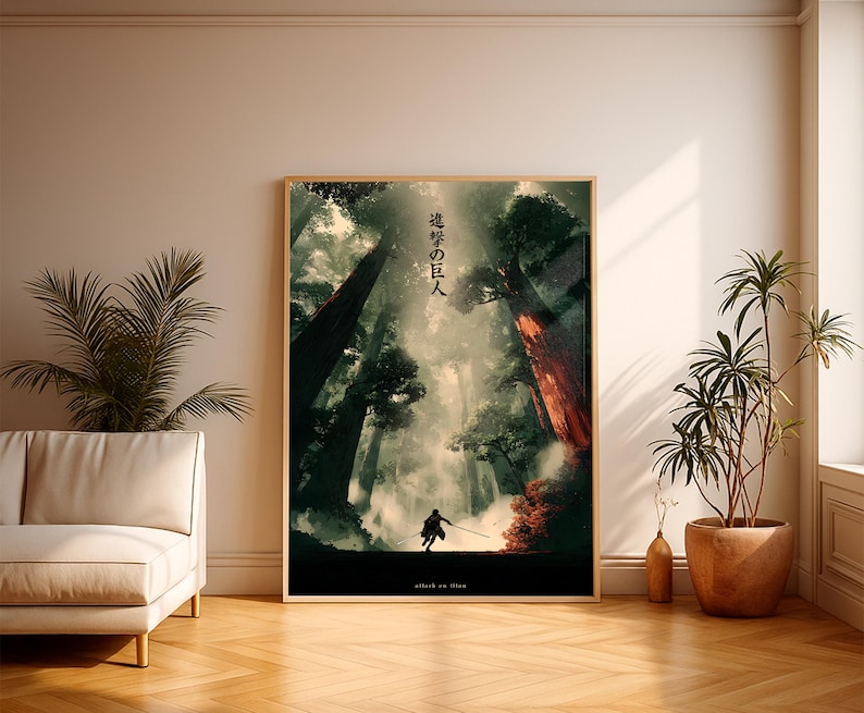 May include: A framed art print featuring a forest scene with a figure holding a sword. The artwork has a dark, atmospheric aesthetic with tall trees and Japanese text. The words "attack on titan" are at the bottom.