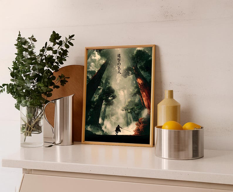 May include: A framed art print featuring a forest scene with a figure holding a sword. The artwork has a vertical orientation and is set in a wooden frame. Japanese text is visible at the top of the print.