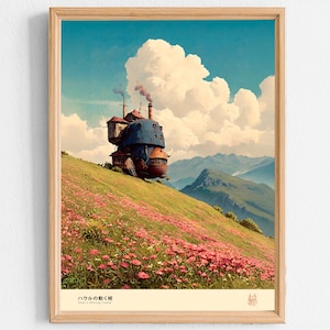 May include: A framed art print featuring a whimsical, multi-level moving castle on a grassy hillside dotted with pink flowers. The sky is blue with fluffy white clouds, and mountains are in the background. The print has Japanese text at the bottom.