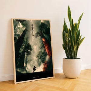 May include: A framed art print featuring a dramatic forest scene with a silhouetted figure holding a sword. The artwork has a dark, atmospheric quality with towering trees and a misty background. Japanese text is visible at the top of the print, with the words "attack on titan" at the bottom.