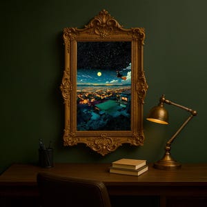 May include: A framed art print depicting a night scene with a witch flying over a city under a starry sky and a full moon. The ornate gold frame hangs on a dark green wall above a wooden desk with a lamp and books.