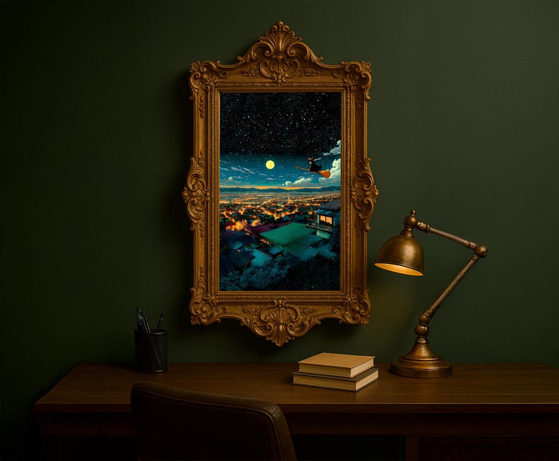 May include: A framed art print depicting a night scene with a witch flying over a city under a starry sky and a full moon. The ornate gold frame hangs on a dark green wall above a wooden desk with a lamp and books.