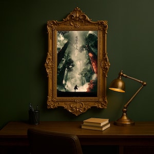 May include: A framed artwork featuring a forest scene with a figure holding a sword. The frame is ornate gold, and the artwork has Japanese text. A desk with a lamp and books is in the foreground. The wall is dark green.